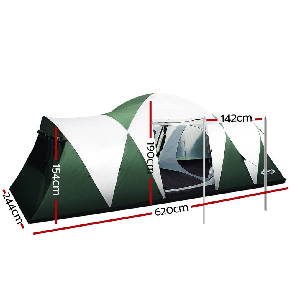 Weisshorn Family Camping Tent 12 Person Hiking Beach Tents (3 Rooms) Green - SportZone.co.nz
