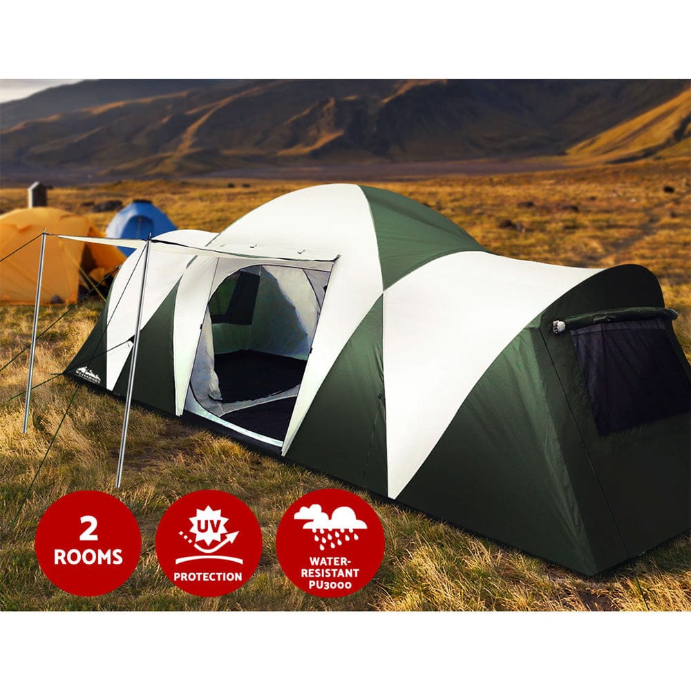 Weisshorn Family Camping Tent 12 Person Hiking Beach Tents (3 Rooms) Green - SportZone.co.nz