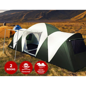Weisshorn Family Camping Tent 12 Person Hiking Beach Tents (3 Rooms) Green - SportZone.co.nz