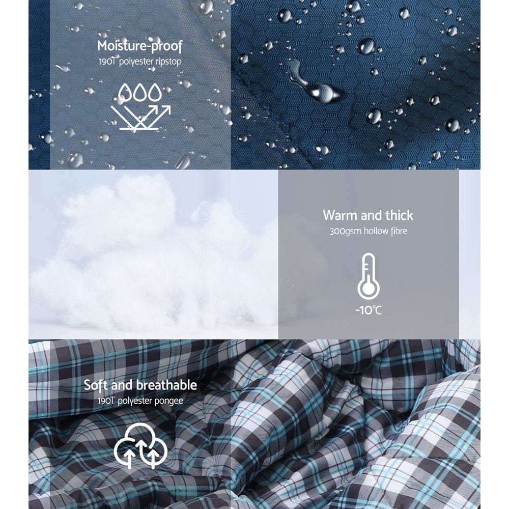 Weisshorn Sleeping Bag Double Pillow Thermal Camping Hiking Tent Blue - 10&deg;C - SportZone.co.nz